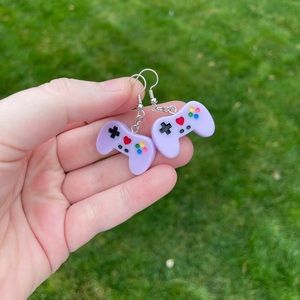 Resin Purple Controller Earrings with Silver Accents